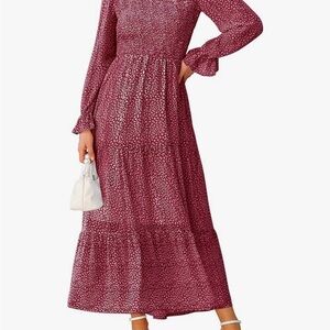 Amazon Burgundy Printed Maxi Dress with Long Sleeves